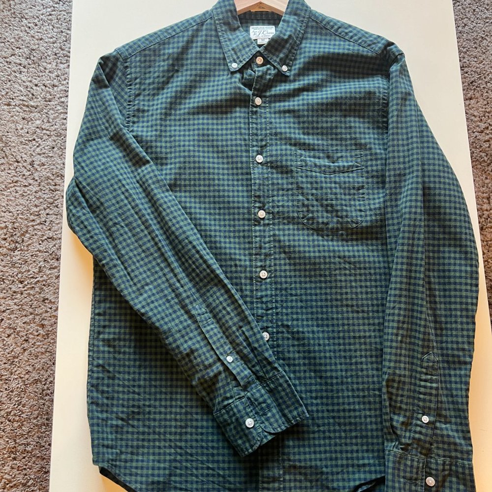 L/S J Crew Secret Wash Organic Cotton poplin shirt, Slim, Medium, Blue/green